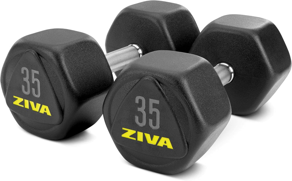 ZIVA Premium Hex Dumbbells – Commercial Grade Rubber Urethane Coated Free Weights for Strength Training, Weightlifting, Home Gym – Durable Steel Core – Sold in Pairs and Sets