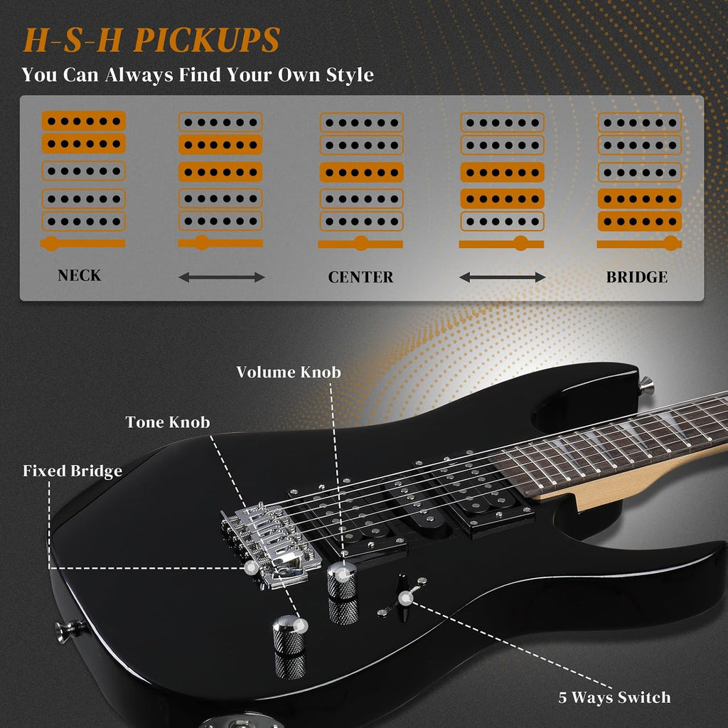Ktaxon 39' Electric Guitar with 20Watt Amp, Full Size 170 Model Starter Guitar Kit for Beginners & Professionals W/Bag, Shoulder Strap, Wrench Tool, Plectrum - Black