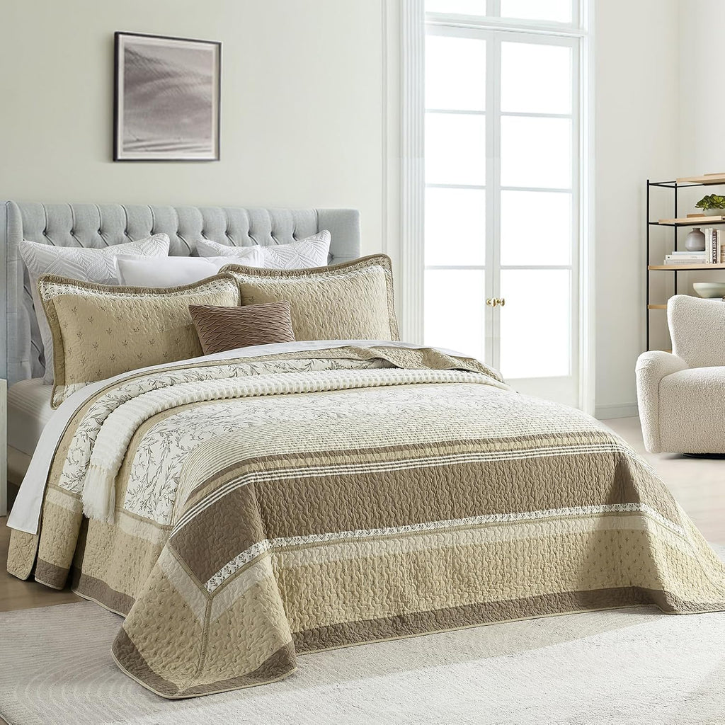 Finlonte 100% Cotton 102'x120' Oversized Queen Bedspread, Queen Size Quilted Bedspread Coverlet Extra Large Quilt Set, Floral Farmhouse XL Bed Spread Lightweight Comforter, Beige/Taupe/Cream, 3 pcs