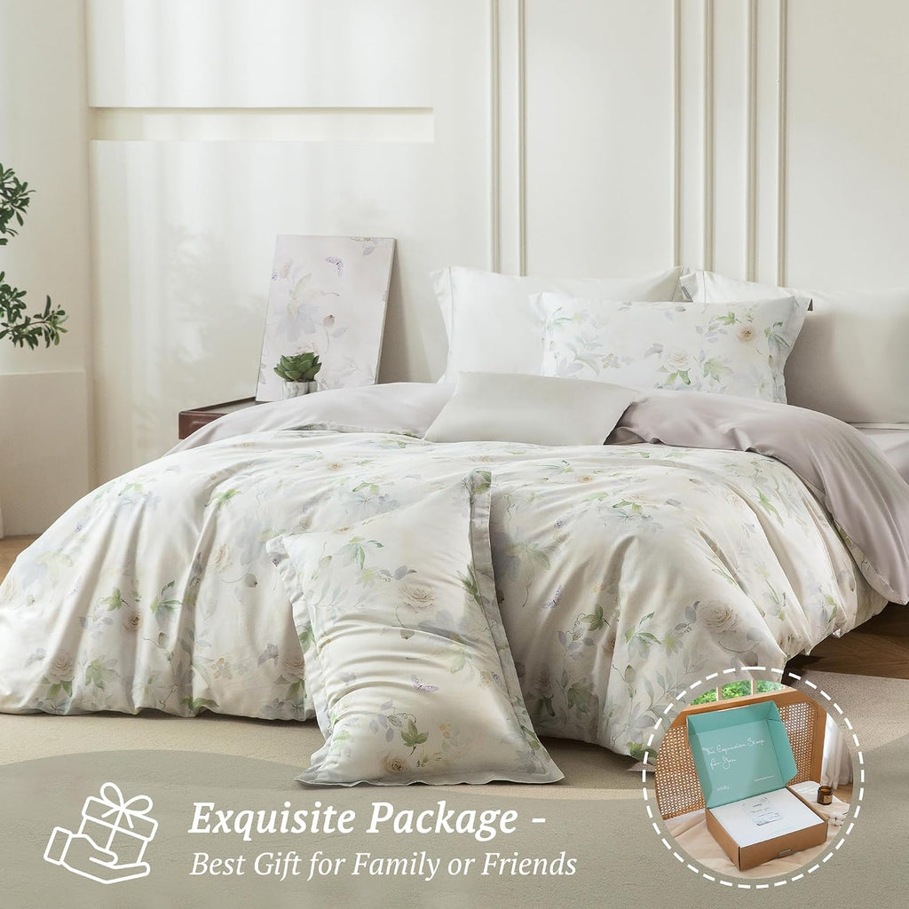 MILDLY Cal King Duvet Cover Set - 100% Long-Staple Cotton Beige Floral Patten Reversible Comforter Cover - 3Pcs Soft Breathable Luxury Bedding for All Season