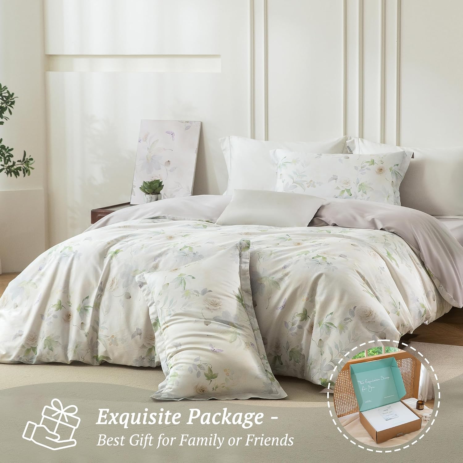 MILDLY Cal King Duvet Cover Set - 100% Long-Staple Cotton Beige Floral Patten Reversible Comforter Cover - 3Pcs Soft Breathable Luxury Bedding for All Season