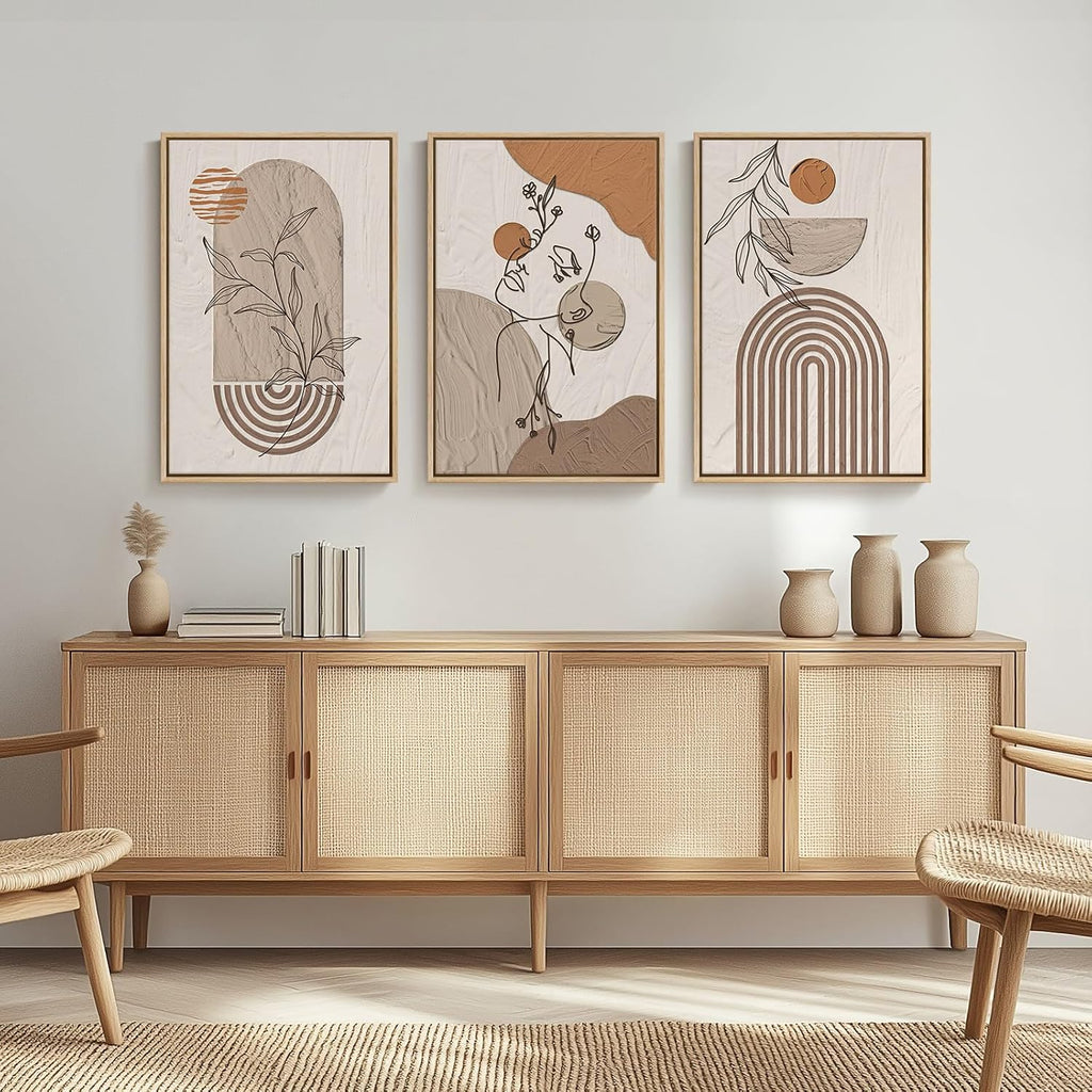 Large Framed Earth Tone Boho Abstract Wall Art for Living Room, 3 Piece Neutral Modern Paintings Prints Canvas Artwork for Walls, Bohemian Pictures Wall Decor for Bedroom Home Office, 20x30 Inch