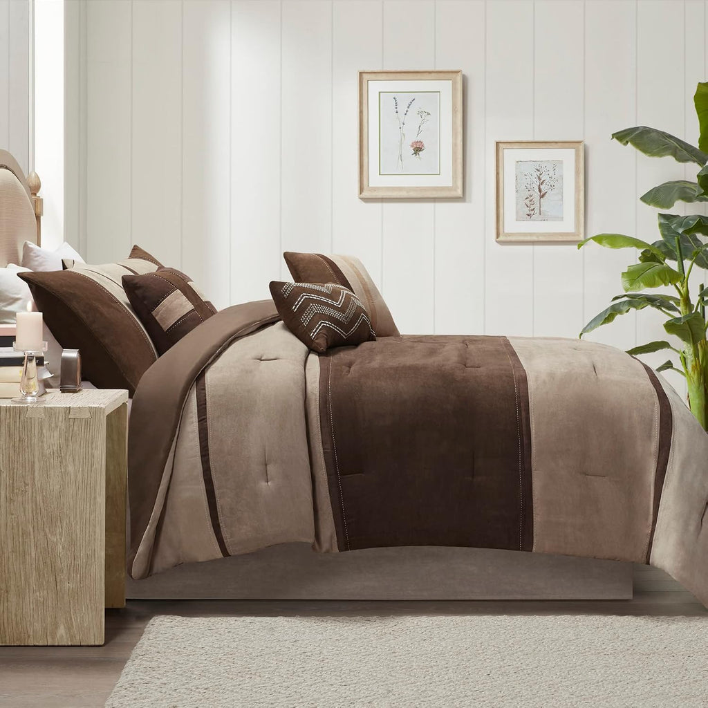 Madison Park Palisades Comforter Set Modern Faux Suede Pieced Stripe Design, All Season Down Alternative Cozy Bedding with Matching Shams, Decorative Pillows, Cal King(104'x92'), Brown 7 Piece