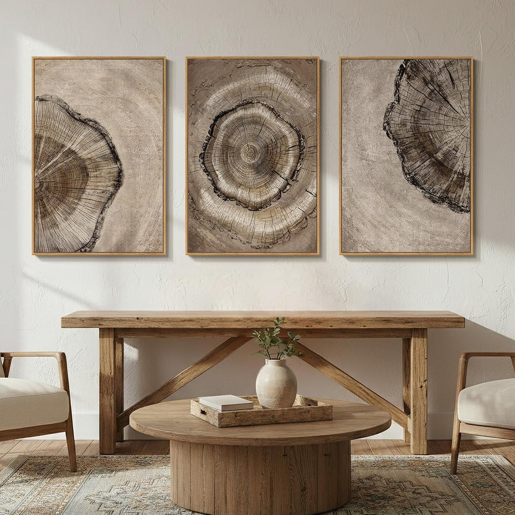 Large Framed Neutral Vintage Wall Art for Living Room, 3 Piece Retro Rustic Tree Ring Prints Canvas Artwork for Walls, Nature Paintings Pictures for Bedroom Hallway Home Office Wall Decor, 24x36 Inch