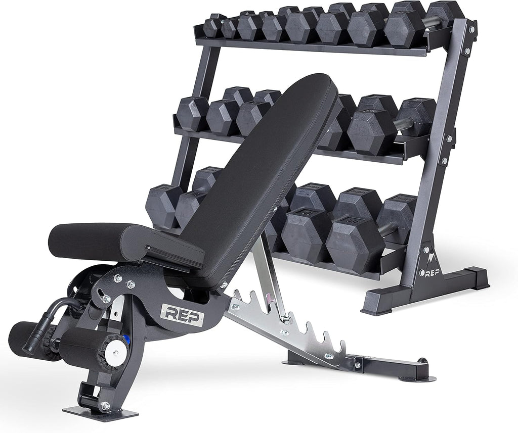 REP FITNESS Dumbbell Set with Bench – 5-50, 5-75 or 5-100 Rubber Hex Dumbbell Set with Either Flat or Adjustable Bench