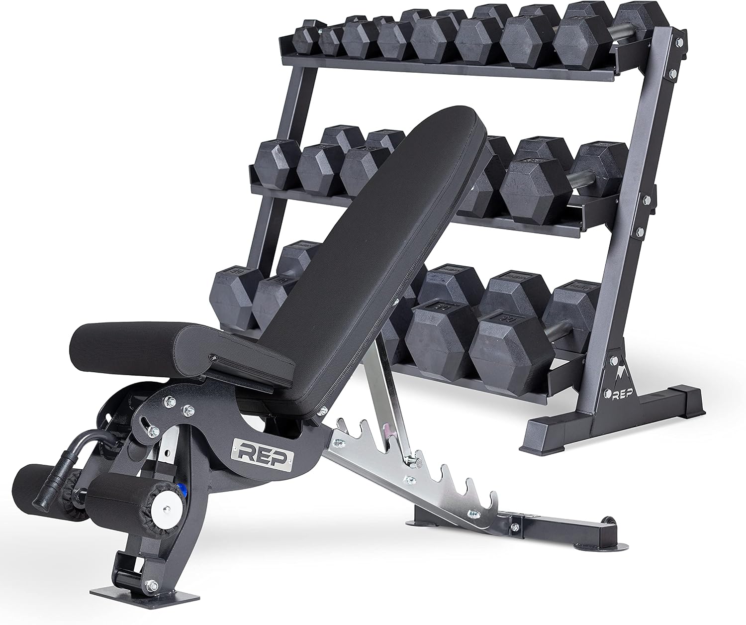 REP FITNESS Dumbbell Set with Bench – 5-50, 5-75 or 5-100 Rubber Hex Dumbbell Set with Either Flat or Adjustable Bench