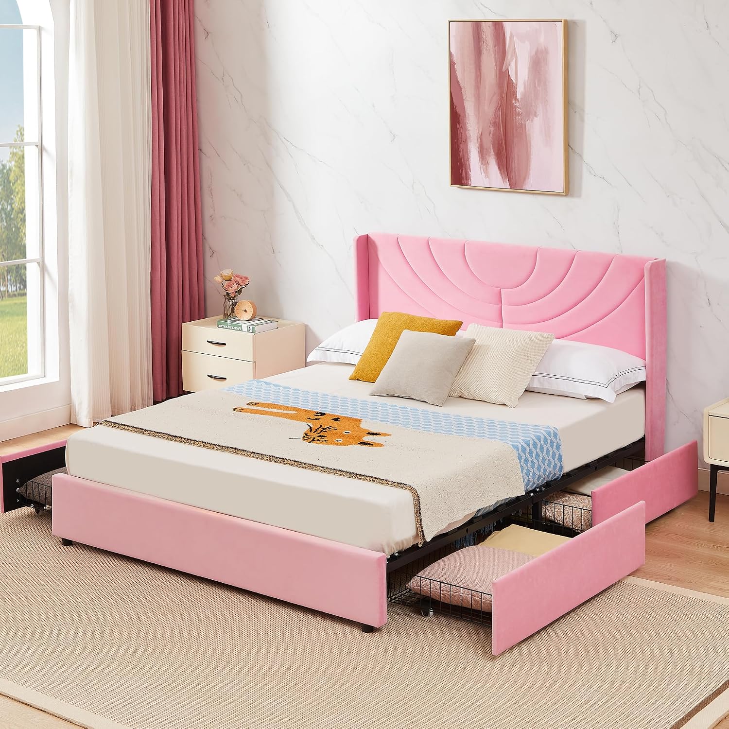 VECELO Upholstered Platform Full Bed Frame with 4 Storage Drawers & Wave Fabric Headboard,Wooden Slats Support/No Box Spring Needed/Mattress Foundation,Pink