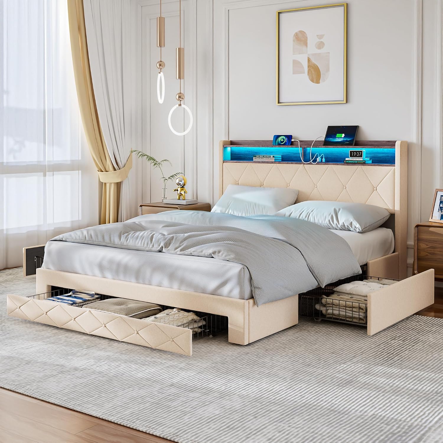 VECELO Velvet Full Size Upholstered Bed Frame with Headboard, Sturdy Platform Full Bed Frame with 3 Capacious Drawers, LED Light, Charging Station, USB Ports, Quiet, Easy Assembly, Beige