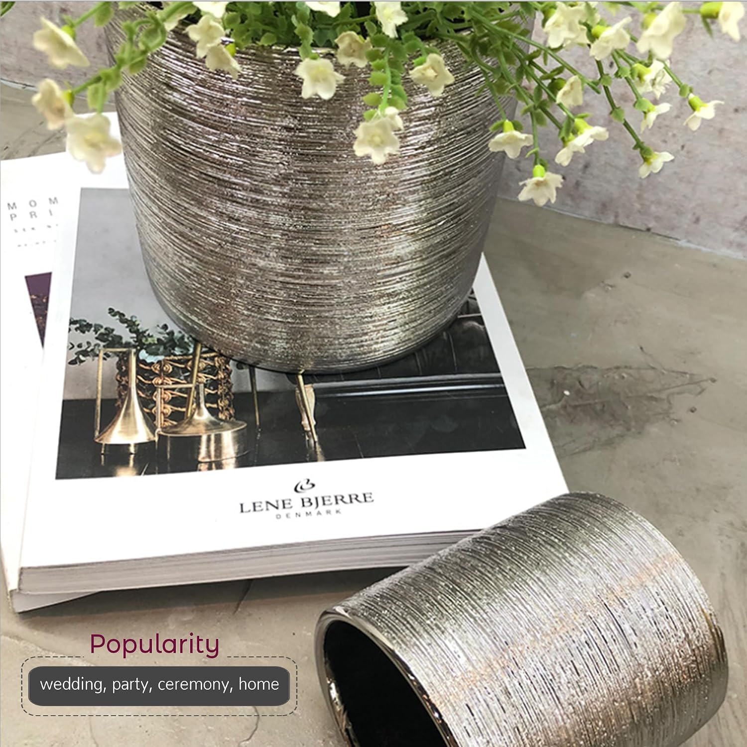 WGVI Silver Etched Ceramic Cylinder Vase Width 5.5' Height 5', Flower Arrangement, Candle Holder, Terrarium Planter Pot, Storage Container Organizer, Pen Brush Holder, Scratched Texture Design, 12 Pc