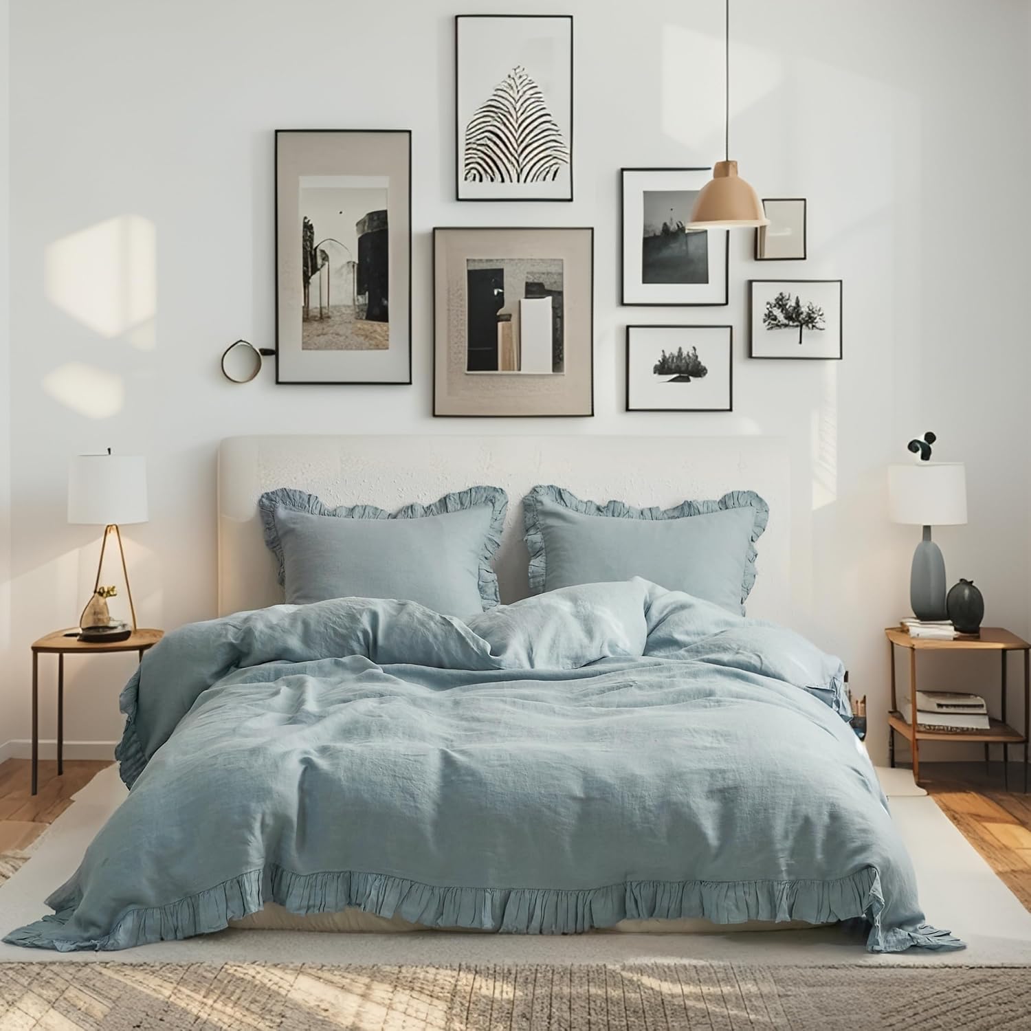 Simple&Opulence 100% Linen Duvet Cover Set, 3 PCS Natural French Flax Dusty Blue Ruffle Duvet Cover King Size, Breathable Comfy Linen Bedding Comforter Cover with 2 Pillowcases(Dusty Blue, 104' X 92')