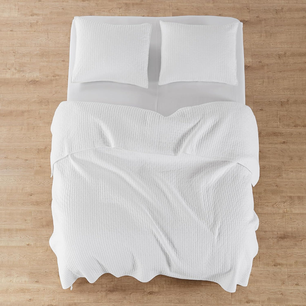 Levtex Home Cross Stitch Reversible King/Cal King Quilt Set (106x92in) and 2 Pillow Shams (36x20in) - Stitch Texture - Bright White - Cotton King Size Quilt Bedding Set - Lightweight Soft Pre-Washed