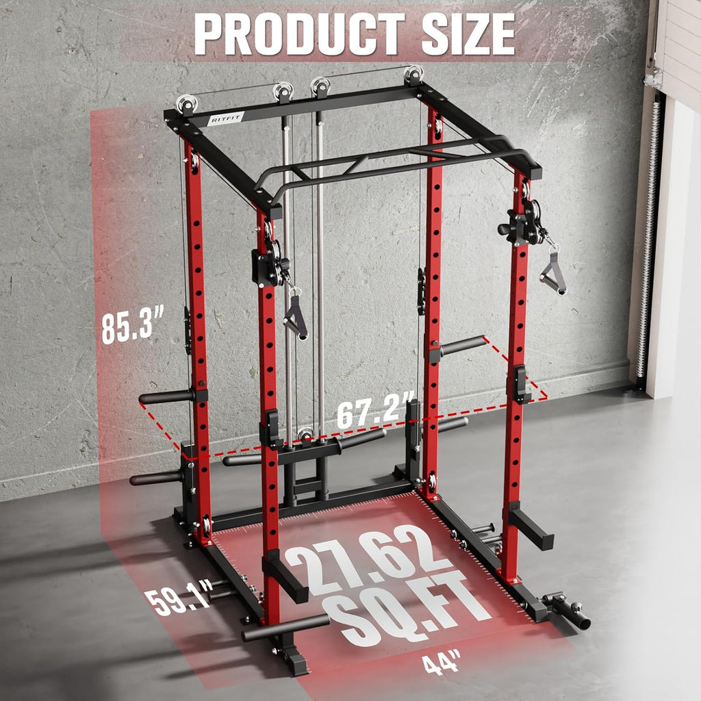RitFit Multi-Function Garage & Home Gym Package Includes 1200LBS Power Cage PPC03/P3 with Cable Crossover System, Weight Bench, Olympic Barbell Weight Set, Full Body Workout