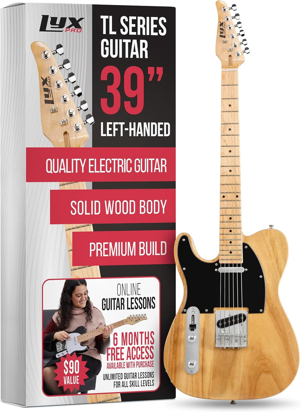 LyxPro 39' Electric Guitar Left Hand TL Series, Full-Size Paulownia Wood Body, 3-Ply Pickguard, C-Shape Neck, Ashtray Bridge, Quality Gear Tuners, 3-Way Switch & Volume/Tone Controls, 2 Picks, Natural