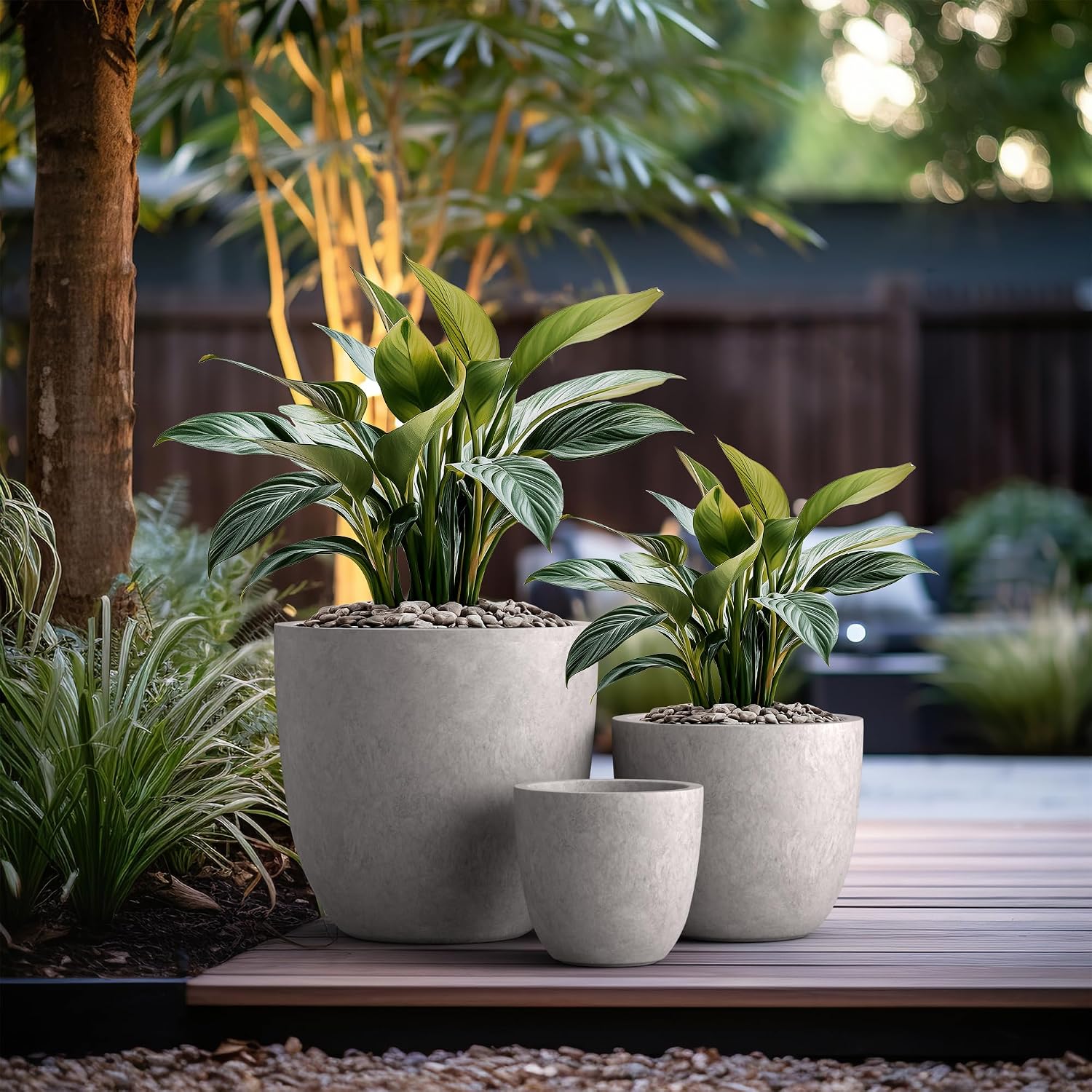 Kante 18',14',10' Dia Concrete Round Planters (Set of 3), Outdoor Indoor Large Planter Pots with Drainage Hole and Rubber Plug for Home Patio Garden, Light Gray