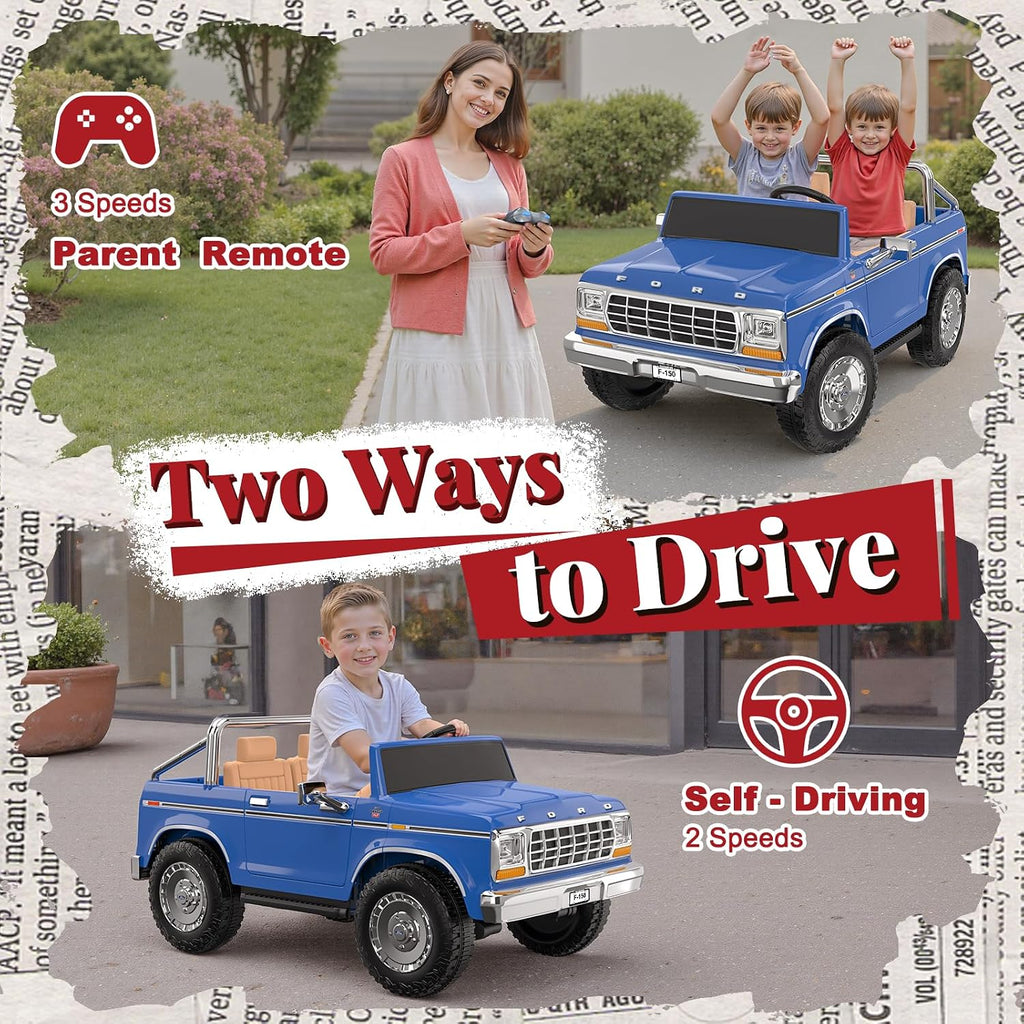 ANPABO Licensed Ford F-150 24V 2 Seater Ride on Car for Kids, 4x100W Motors for All-Terrain Electric Car w/Parental Remote, Retro Style, 3-Speeds, Large Storage Box, Music Player, Aged 3-8, Dark Blue