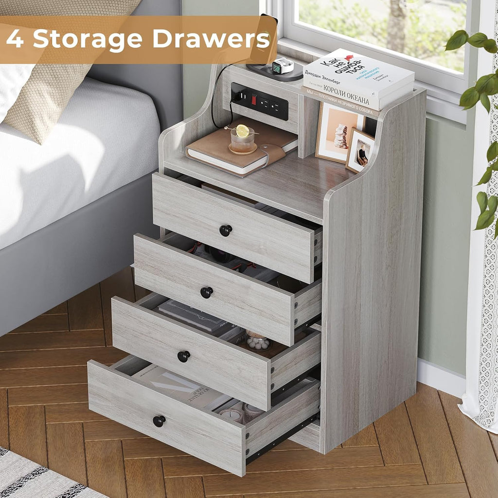ADORNEVE Night Stand Set 2,Grey Nightstand with Charging Station & Hutch,Night Stands for Bedrooms Set of 2,Bedside Table with 4 Drawers