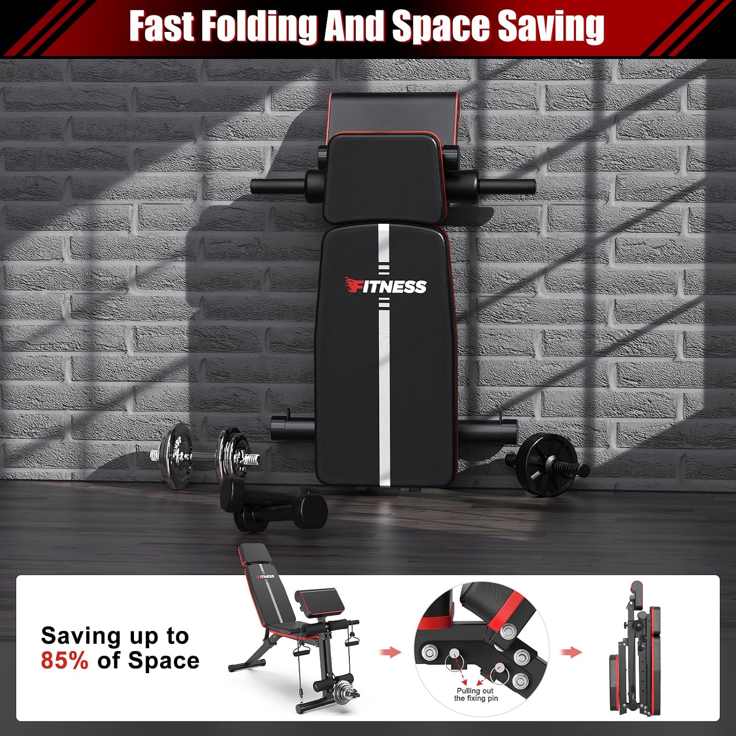 XDDIAS Adjustable Weight Bench, Workout Bench with Leg Extension and Preacher Curl Pad, Weight Bench for Home Gym, Foldable Exercise Bench, Quick Adjustment Incline Bench Press
