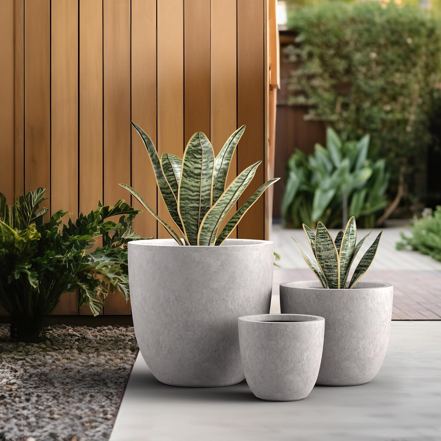 Kante 18',14',10' Dia Concrete Round Planters (Set of 3), Outdoor Indoor Large Planter Pots with Drainage Hole and Rubber Plug for Home Patio Garden, Light Gray