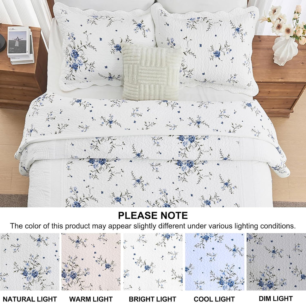 Floral Bedspreads King Size Extra Large, 120x120 Oversized Quilt Bedspread Coverlet, 100% Cotton Blue and White Bedding Set with Shams, Lightweight Soft Quilted Thin Comforter, 3 Piece