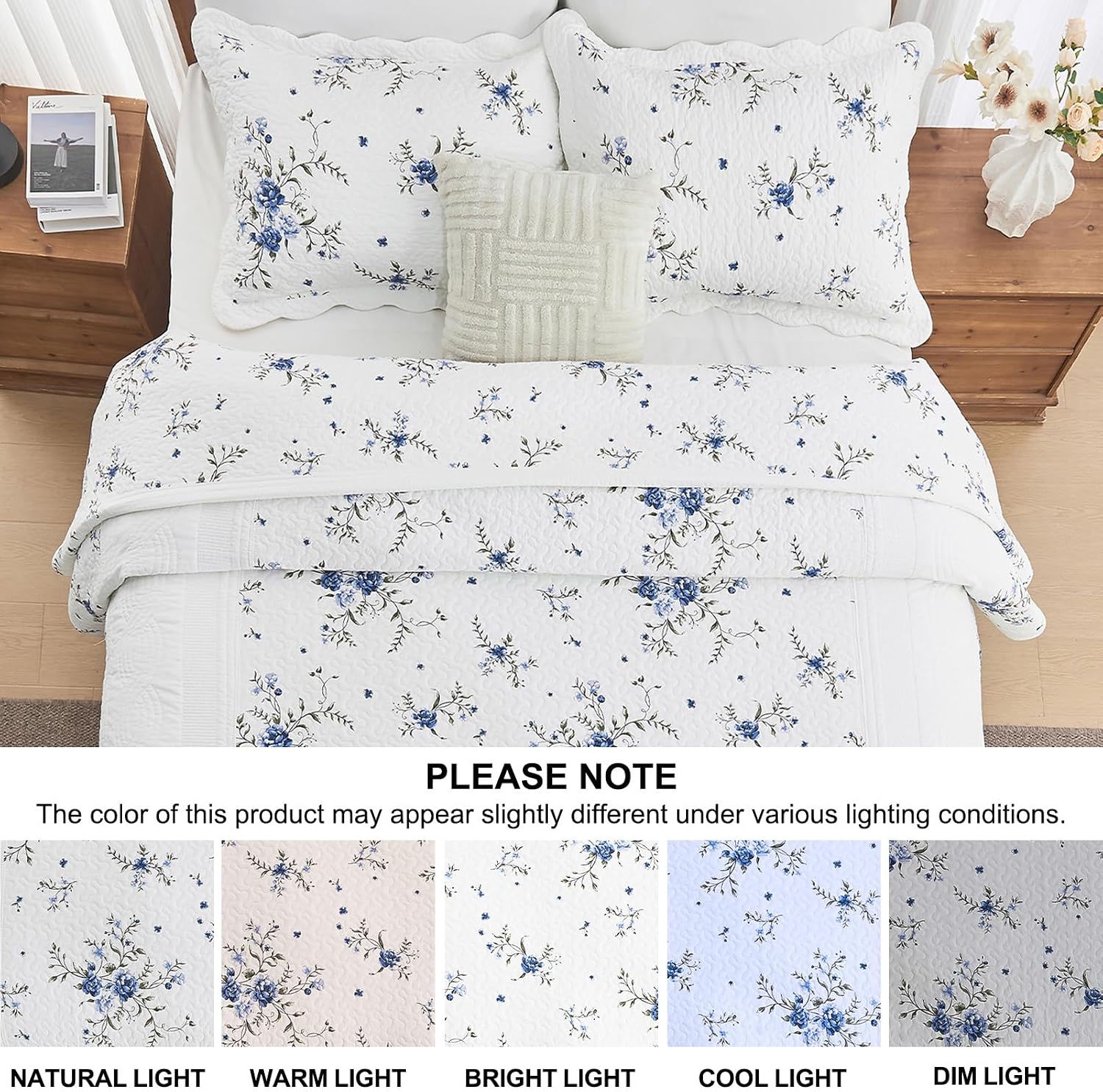 Floral Bedspreads King Size Extra Wide, 128x120 Oversized Quilt Bedspread Coverlet, 100% Cotton Blue and White Bedding Set with Shams, Lightweight Soft Quilted Thin Comforter, 3 Piece