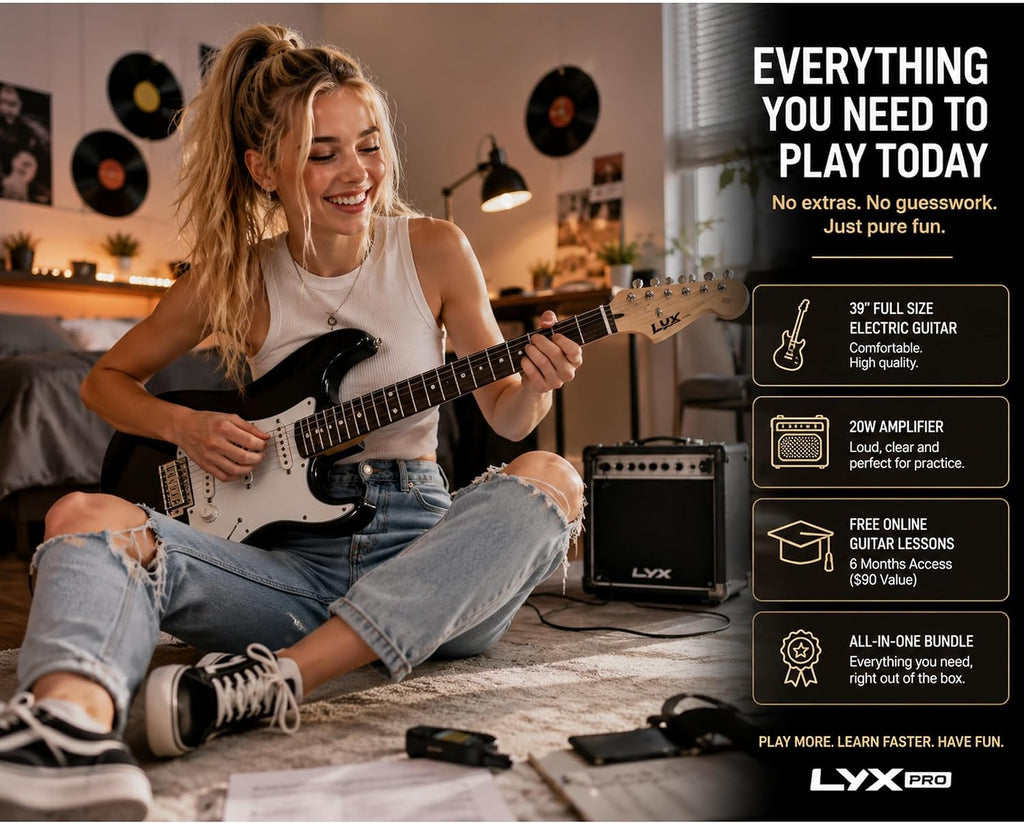 LyxPro 39 Inch Electric Guitar Beginner Kit, Full Size Right Handed Starter Set with 20W Amp, Gig Bag, Digital Tuner, Strap, Picks, Strings, Cable, Tremolo Bar, Black