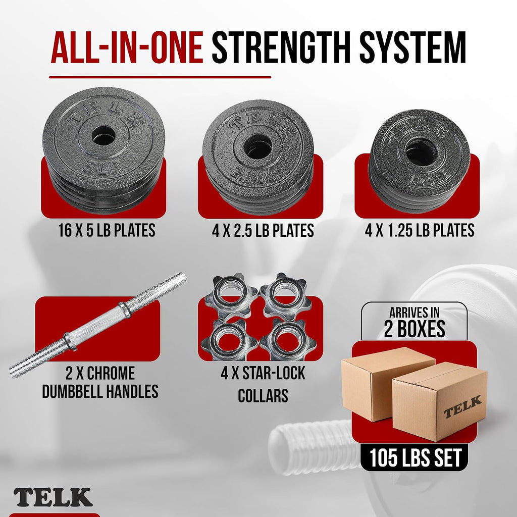 TELK – Adjustable Dumbbell Set – Home Gym Weight Set with Baked Enamel Cast Iron Plates – Space-Saving Free Weights for Strength Training