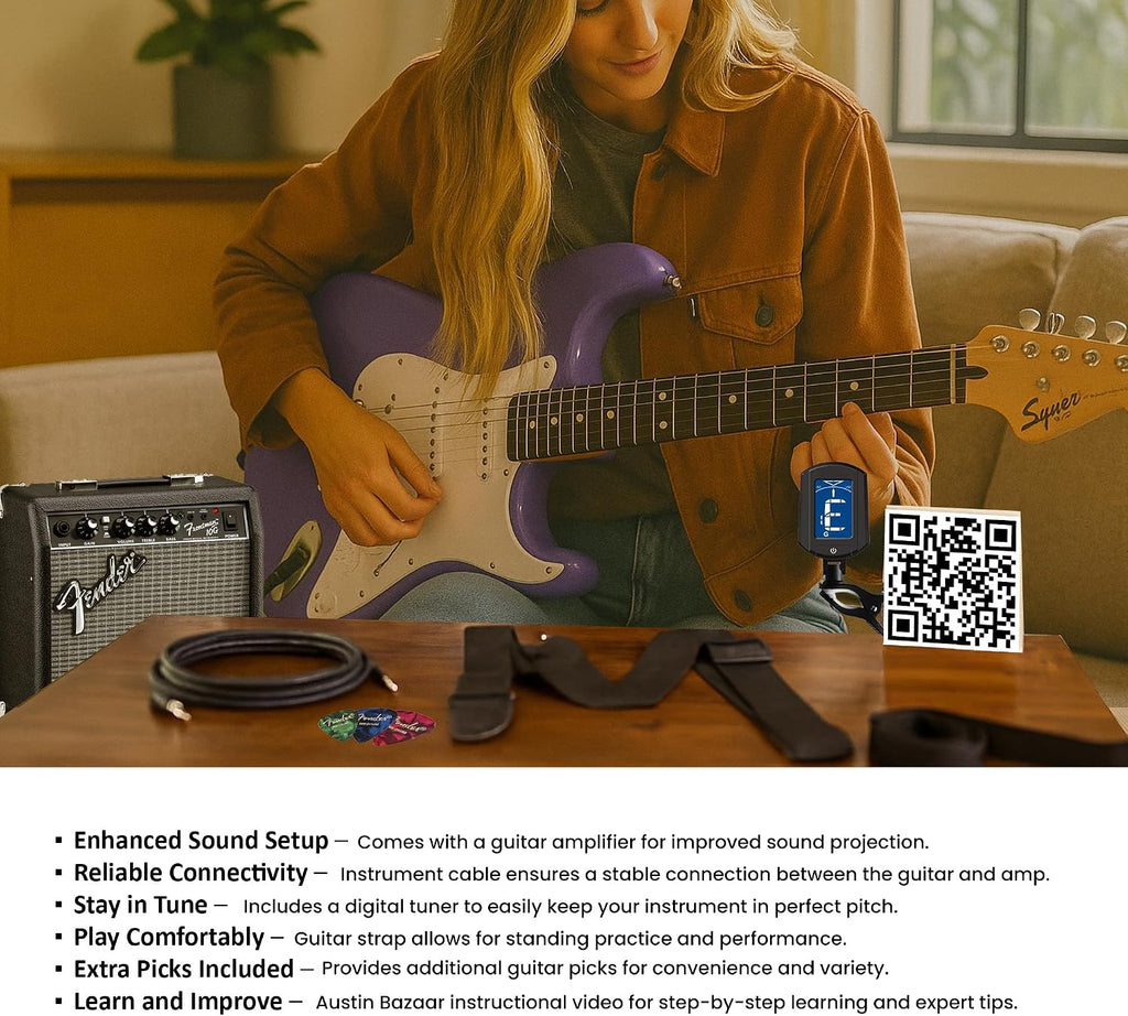 Fender Squier Sonic Stratocaster - Ultraviolet Bundle with Frontman 10G Amp, Tuner, Strap, Cable, Picks, and Austin Bazaar Instructional DVD