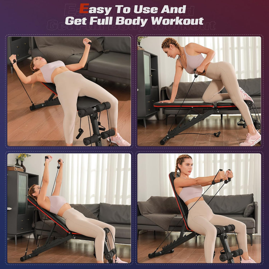 FLYBIRD Foldable Weight Bench with Resistance Bands, 8 Backrests Fast Adjustable FID for Home Gym Full Body Workout, Easy to Storage for Small Apartment
