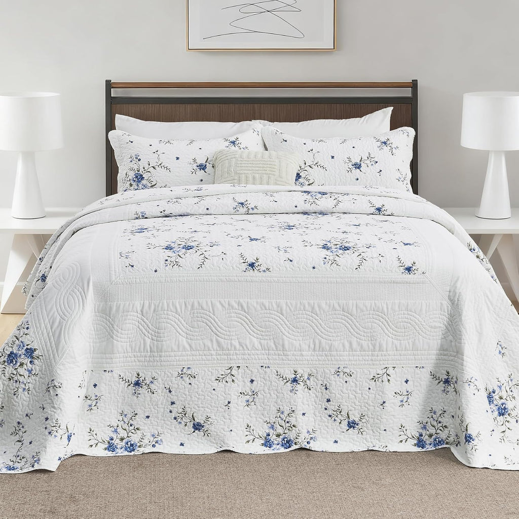 Floral Bedspreads King Size Extra Wide, 128x120 Oversized Quilt Bedspread Coverlet, 100% Cotton Blue and White Bedding Set with Shams, Lightweight Soft Quilted Thin Comforter, 3 Piece