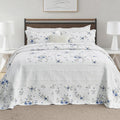 Floral Bedspreads King Size Extra Wide, 128x120 Oversized Quilt Bedspread Coverlet, 100% Cotton Blue and White Bedding Set with Shams, Lightweight Soft Quilted Thin Comforter, 3 Piece