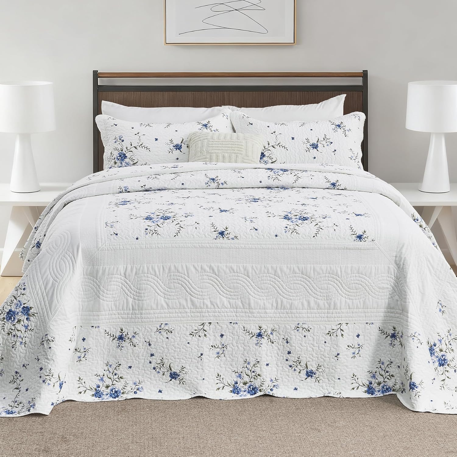 Floral Bedspreads King Size Extra Wide, 128x120 Oversized Quilt Bedspread Coverlet, 100% Cotton Blue and White Bedding Set with Shams, Lightweight Soft Quilted Thin Comforter, 3 Piece