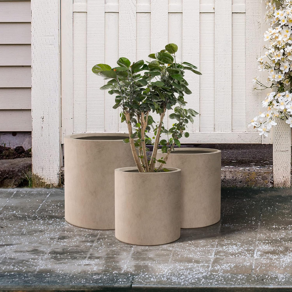 Kante Set of 3 Concrete Planters, Graduated Cylinders 9.8' to 15.7' H 9.8',12.6',15.7' Dia Lightweight Round Pots with Drainage Hole Rubber Plug, Weathered Concrete for Indoor Outdoor, Home Garden