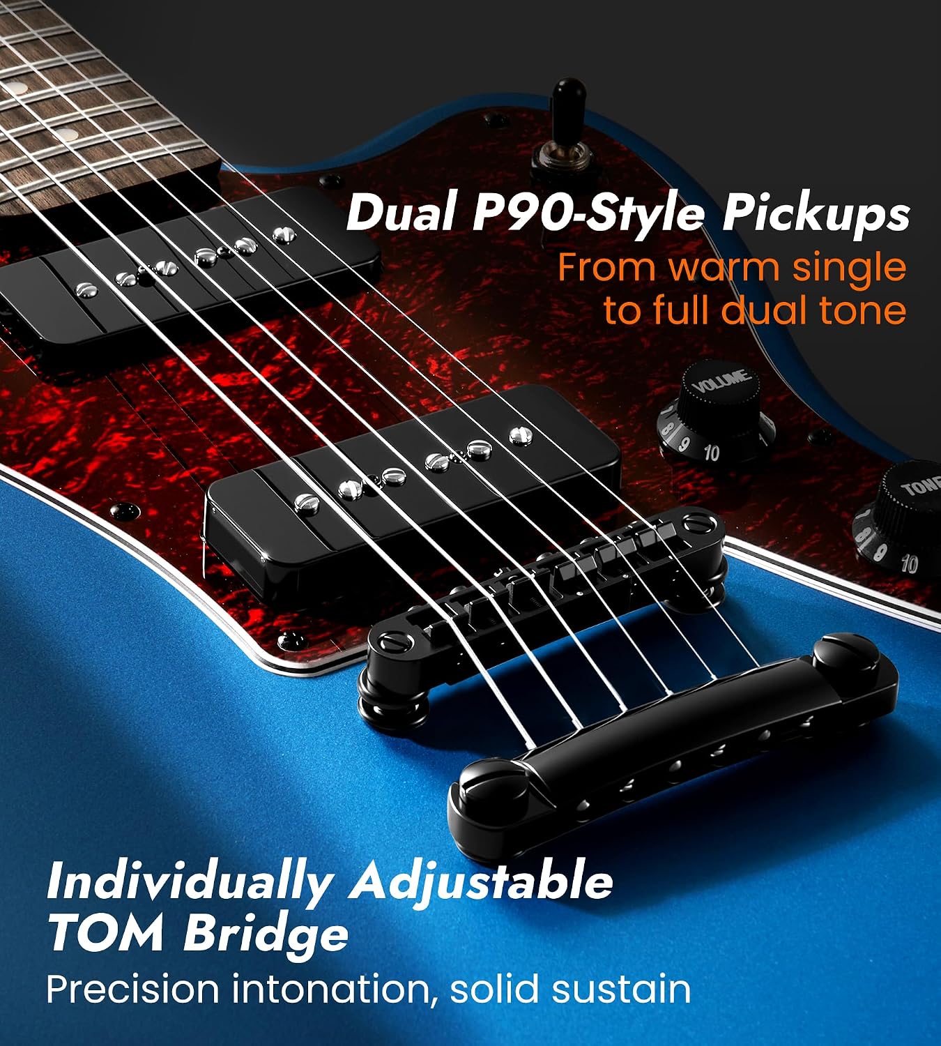 Tostar Electric Guitar: P90 Pickups, TOM Bridge & Smoked Matte Finish, 3-Way Switch, 39' Solid Body Electric Guitar for Intermediate Players, Guitarra Eléctrica Kit, Musical Birthday Gifts, Blue