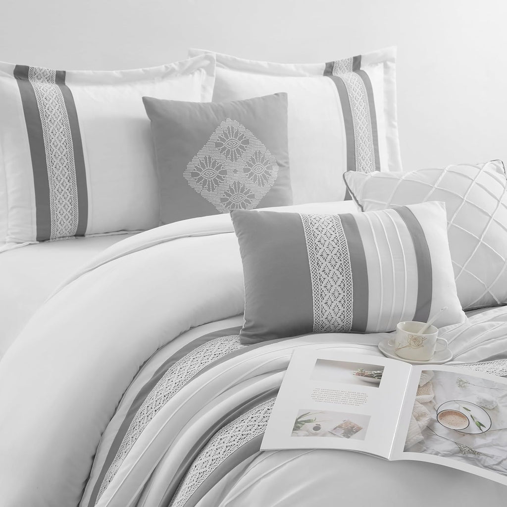 Grand Avenue Striped 7 Piece Grey White Comforter Set, California King Size Microfiber Bedding, All Season Bedding Set, Bed Skirt, Pillows & Shams