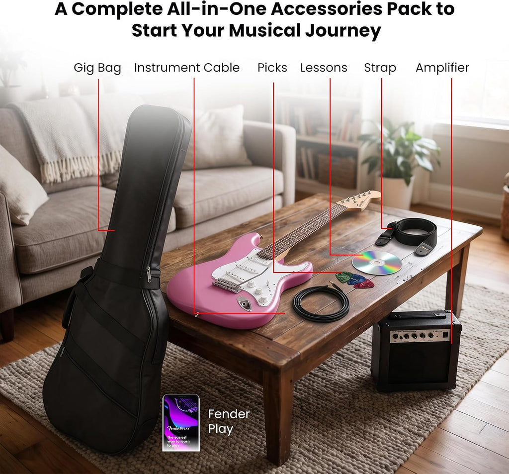 Fender Squier Stratocaster - Flash Pink Bundle with Amplifier, Gig Bag, Instrument Cable, Strap, Picks, and Austin Bazaar Instructional DVD