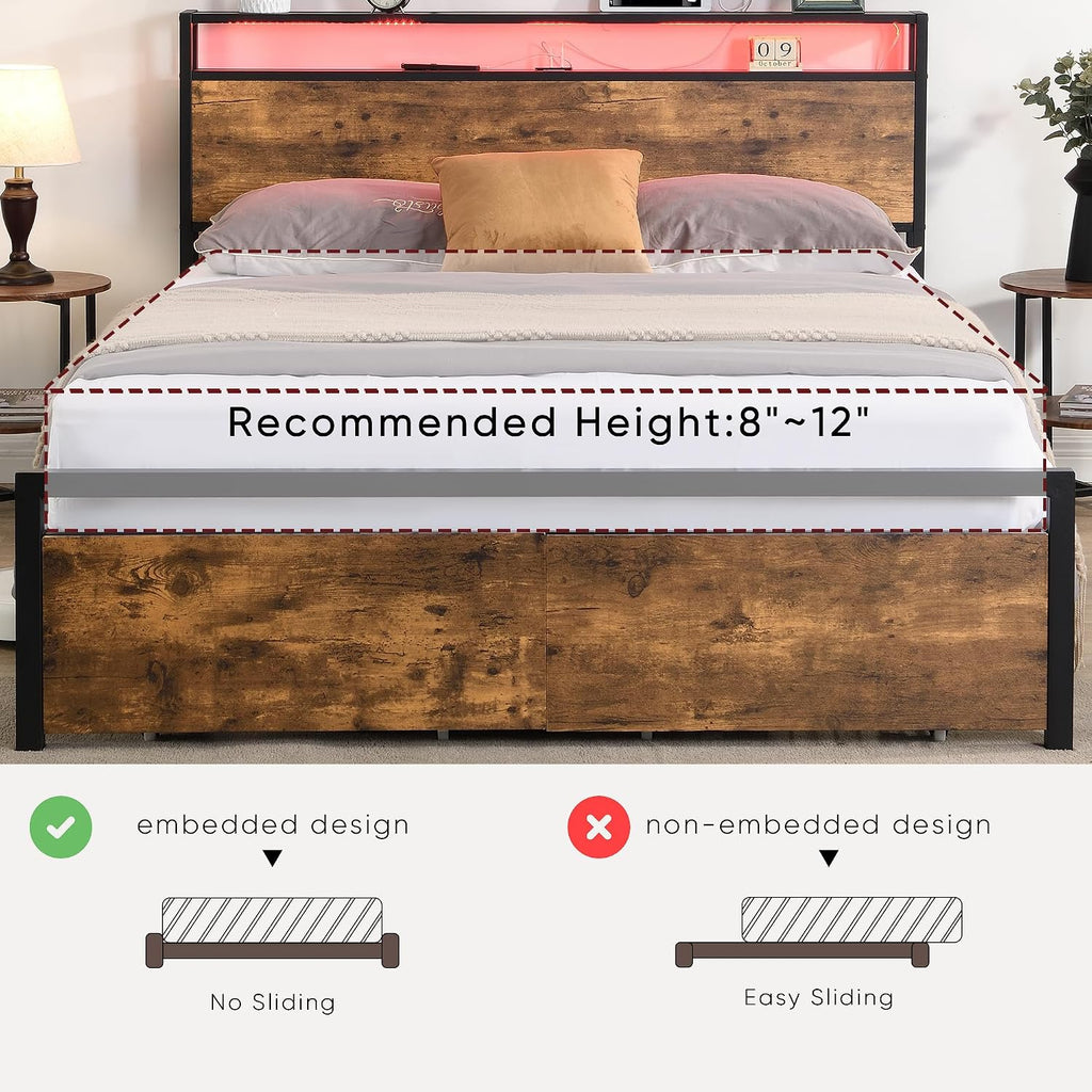 Queen Size Bed Frames with Storage Headboard and Drawers, LED Platform Bed Frame Queen Size, LED Upholstered Bed Frame with Charging Station, No Box Spring Needed, Easy Assembly,Grey