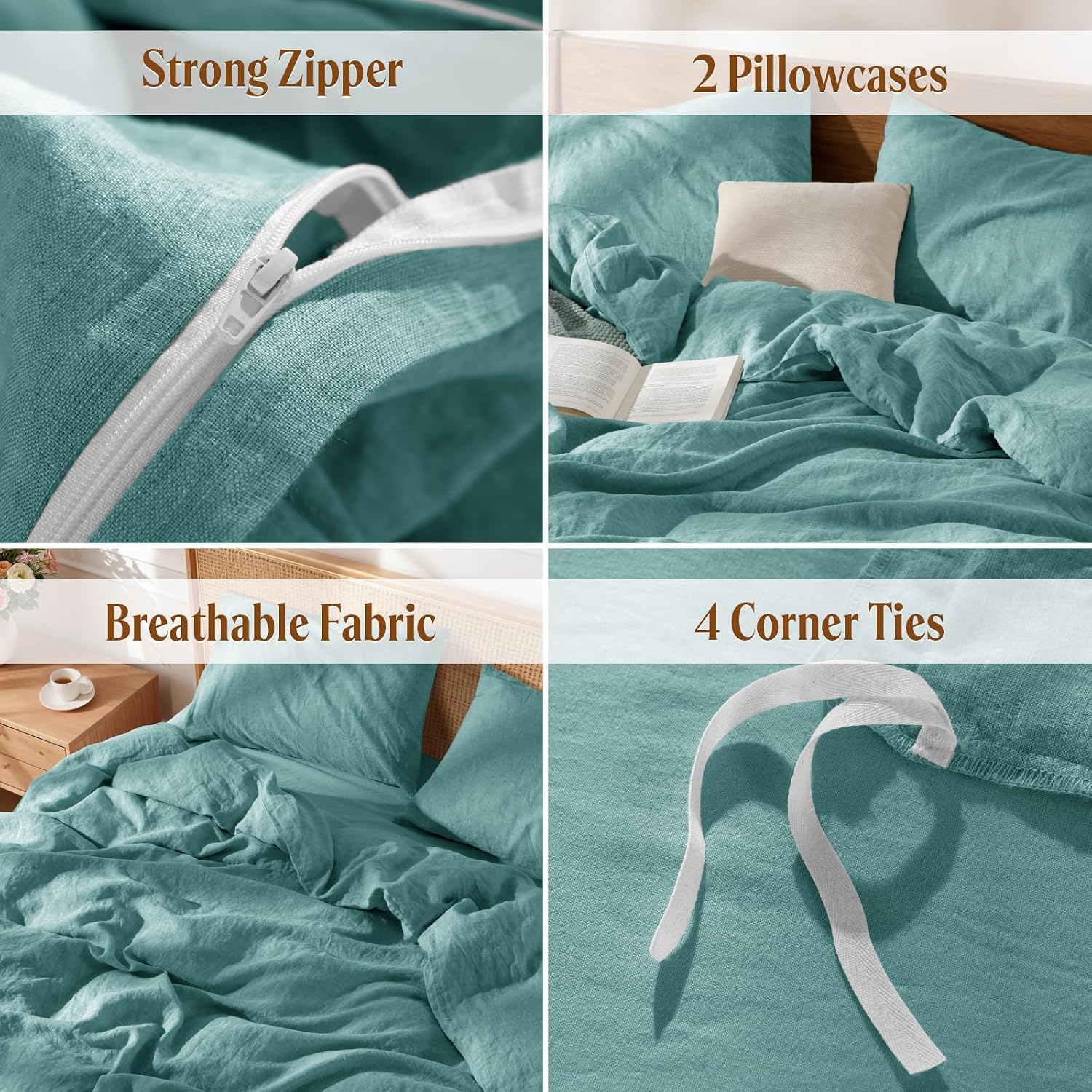 LBRO2M 100% France Linen Duvet Cover Set 3 Pcs Including 1 Flax Comforter Cover with Zipper Closure, 2 Pillowcase, Cozy Duvet Cover California King, Aqua