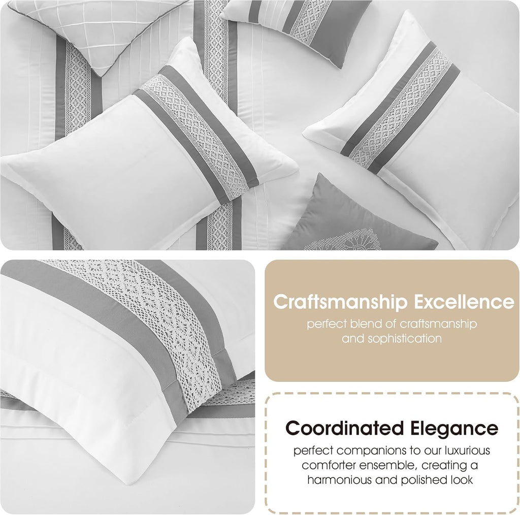 Grand Avenue Striped 7 Piece Grey White Comforter Set, California King Size Microfiber Bedding, All Season Bedding Set, Bed Skirt, Pillows & Shams