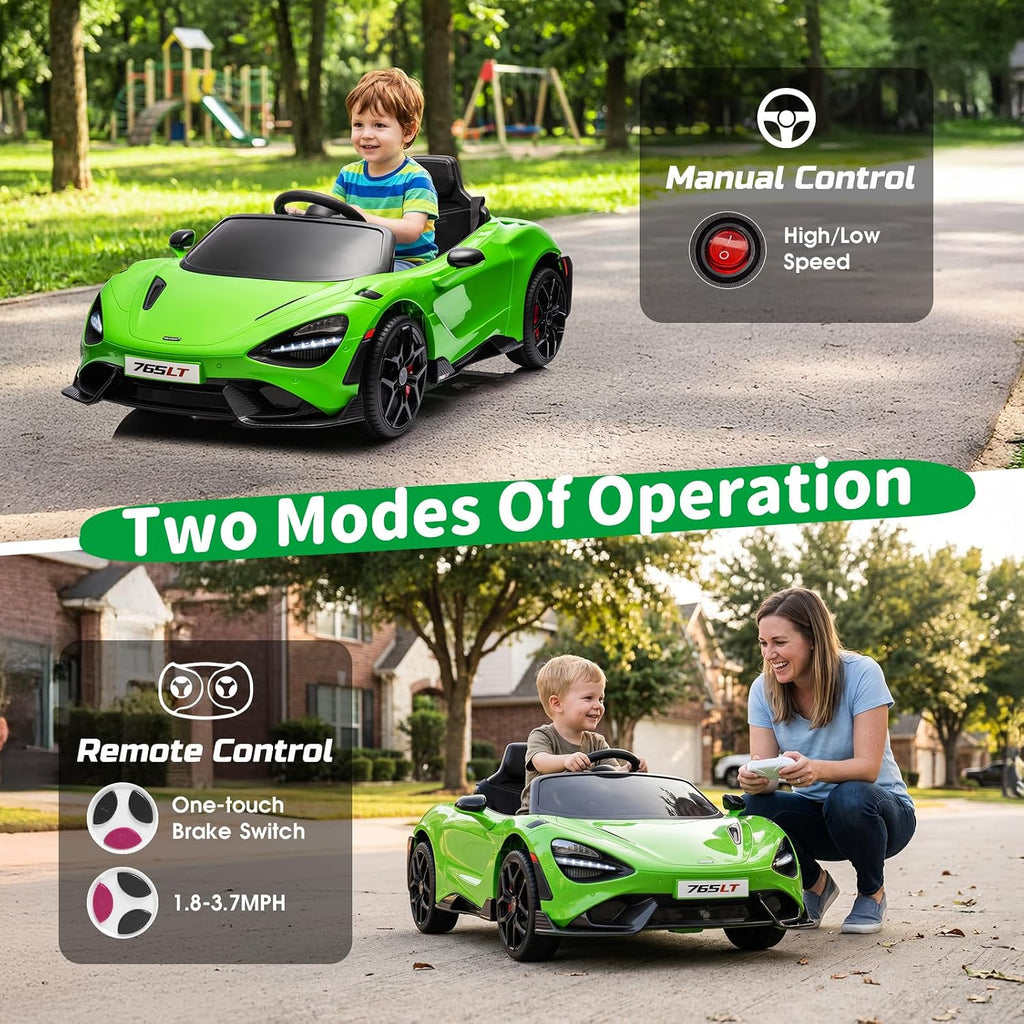 Kids Ride-on Car Licensed McLaren765LT for 3-6Years Old, Electric car 12V Battery Powered Electric Vehicle, w/Parent Remote, Music Player, LED Lights, Smooth Start, 3 Speeds, (Green)