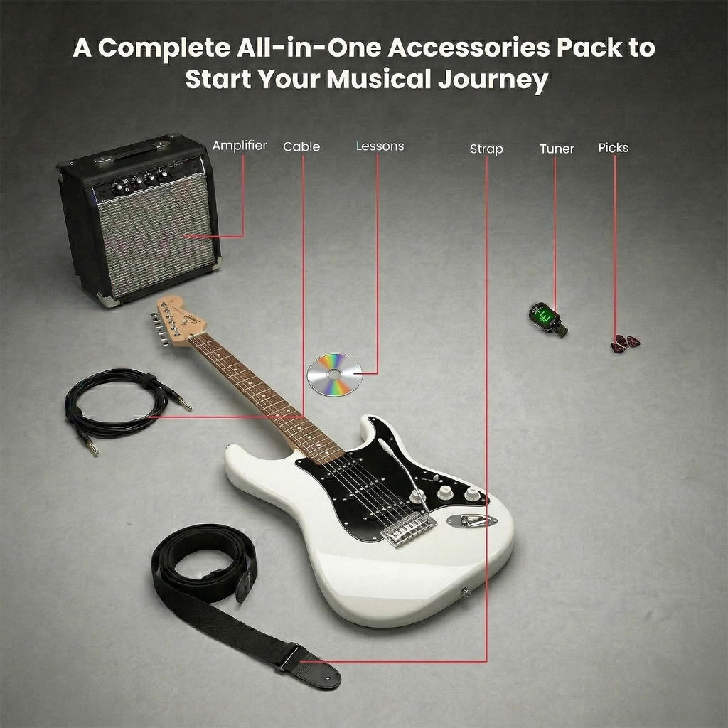Fender Squier Sonic Stratocaster - Arctic White Bundle with Frontman 10G Amp, Cable, Tuner, Strap, Picks, and Austin Bazaar Guitar DVD