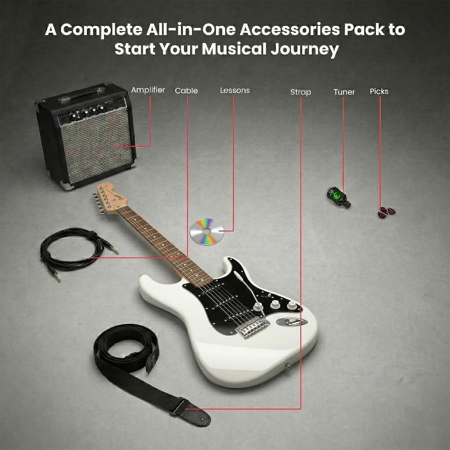 Fender Squier Sonic Stratocaster - Arctic White Bundle with Frontman 10G Amp, Cable, Tuner, Strap, Picks, and Austin Bazaar Guitar DVD