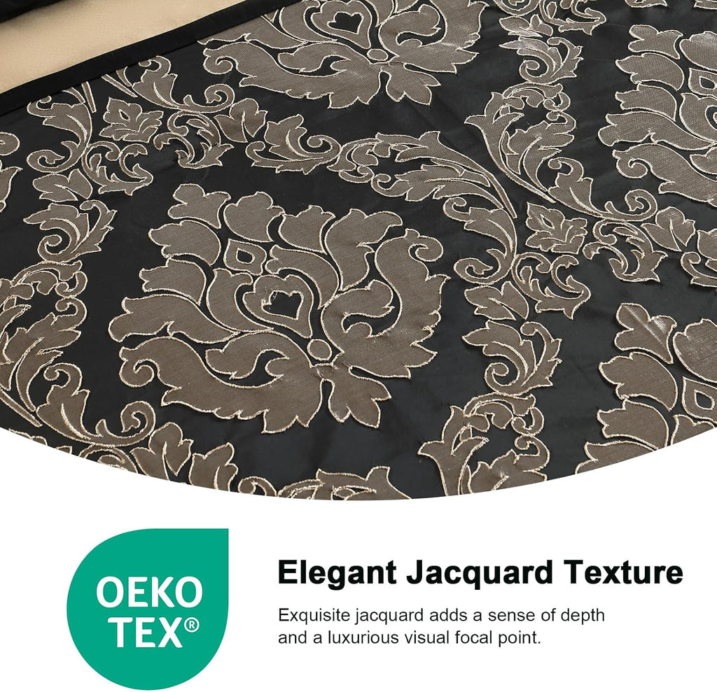 PANGUSHAN 7 Pieces Comforter Set Queen Size, Luxury Silky Elegant Jacquard Fluffy Reversible Bedding Set with Bed Skirt, Shams and Pillows, Bed in a Bag Queen, Down Alternative, Black/Gold