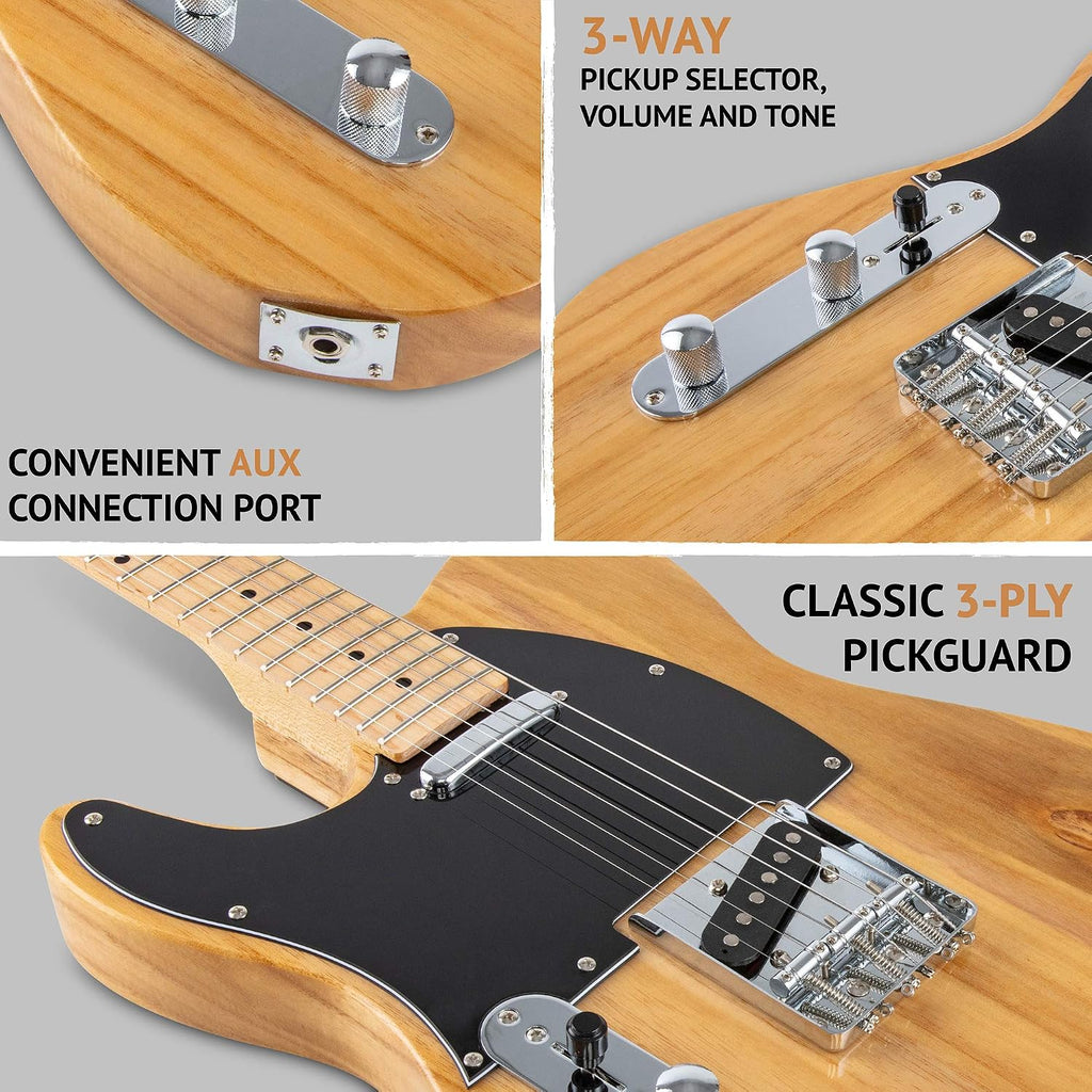 LyxPro 39' Electric Guitar Left Hand TL Series, Full-Size Paulownia Wood Body, 3-Ply Pickguard, C-Shape Neck, Ashtray Bridge, Quality Gear Tuners, 3-Way Switch & Volume/Tone Controls, 2 Picks, Natural