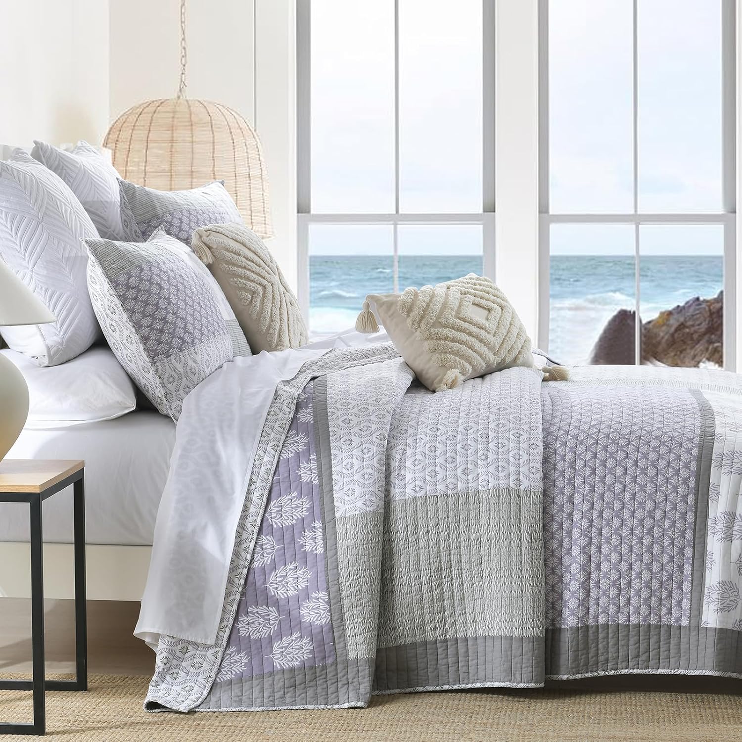 Y-PLWOMEN Quilts Queen Size, 100% Cotton Lightweight Soft Queen Quilt, Purple Grey White Quilted Bedspread, Patchwork Reversible Quilt Bedding Set All Season, 3-Pieces