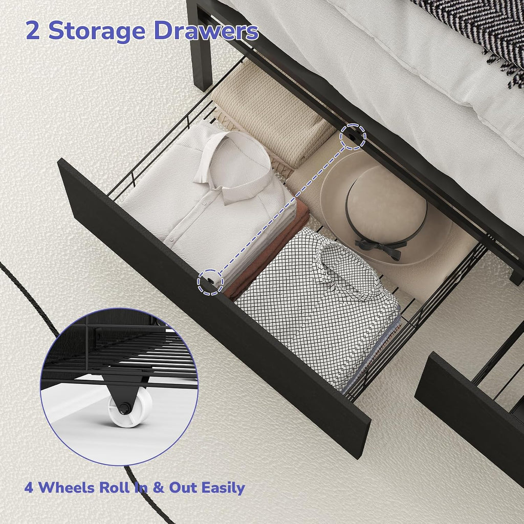 Zevemomo Full Size Bed Frame with 2 Storage Drawers, Bed Frame Full Size with Headboard, LED Light, Charging Station with 2 USB Ports & 2 AC Ports, No Noise, Black
