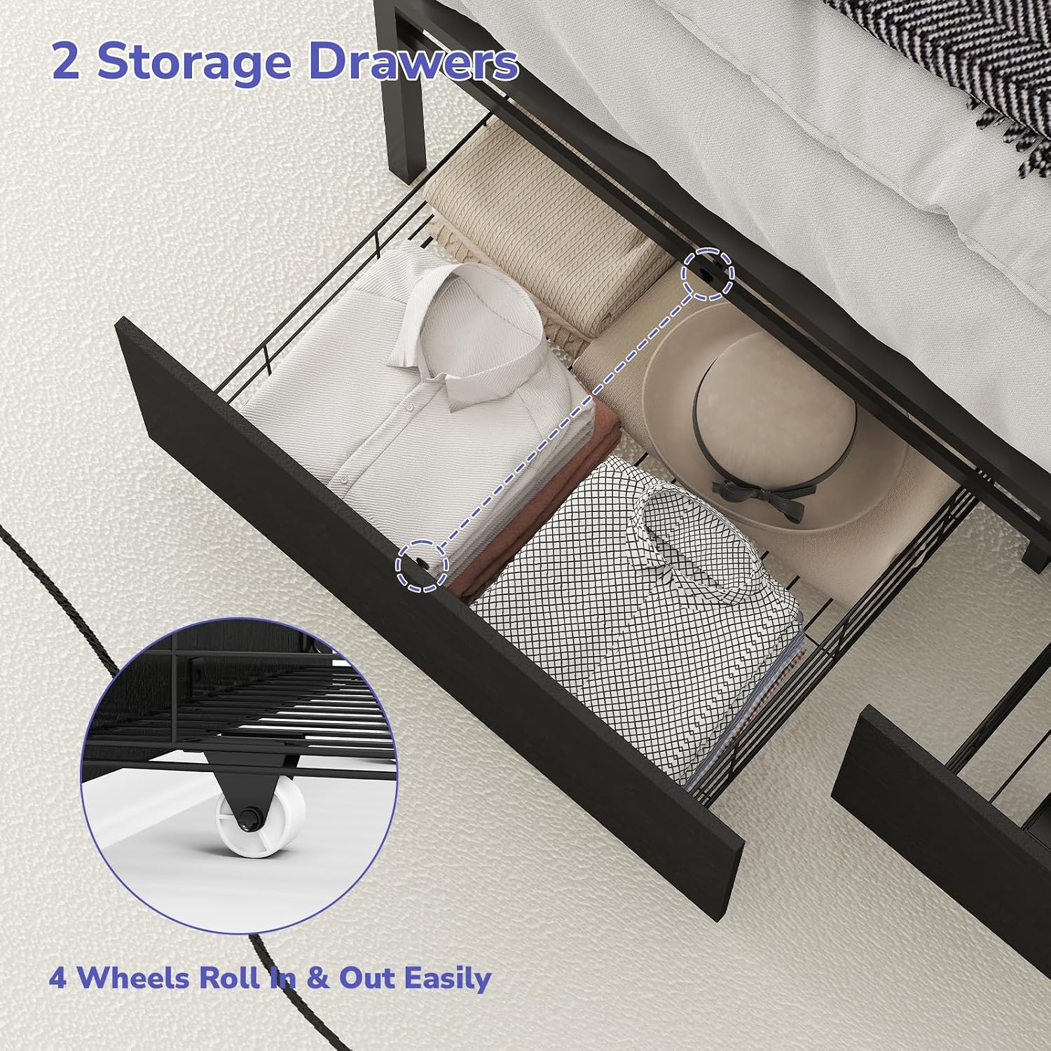 Zevemomo Full Size Bed Frame with 2 Storage Drawers, Bed Frame Full Size with Headboard, LED Light, Charging Station with 2 USB Ports & 2 AC Ports, No Noise, Black