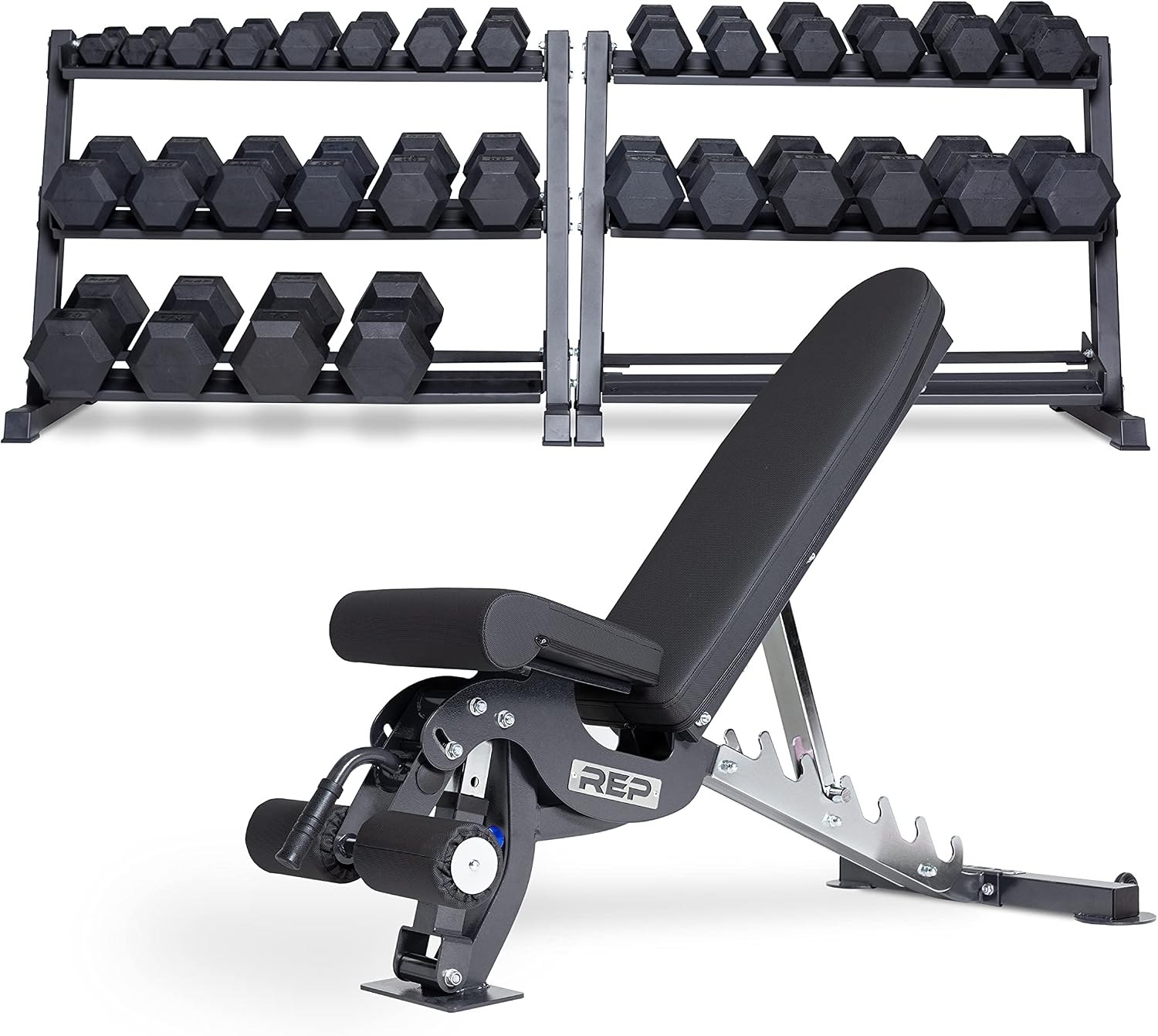 REP FITNESS Dumbbell Set with Bench – 5-50, 5-75 or 5-100 Rubber Hex Dumbbell Set with Either Flat or Adjustable Bench