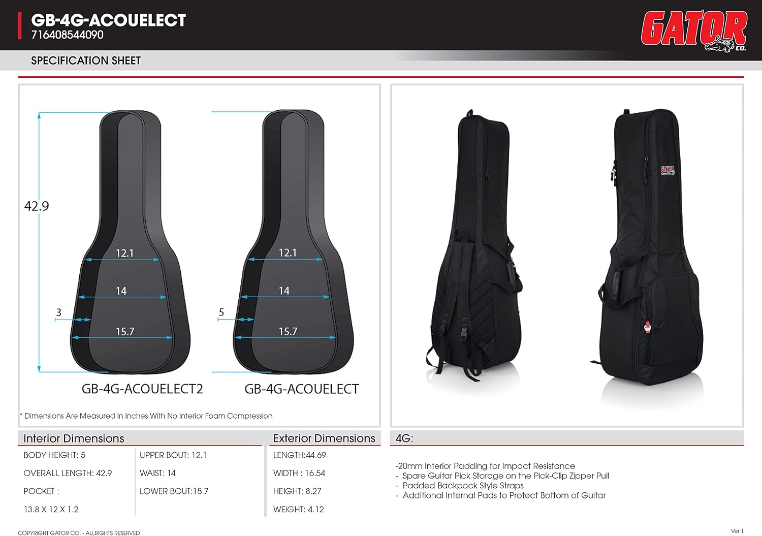 Gator Cases 4G-MiZone Series Gig Bag For Two Guitars with Adjustable Backpack Straps, Fits a Single Acoustic and a Single Electric Guitar (GB-4G-ACOUELECT)