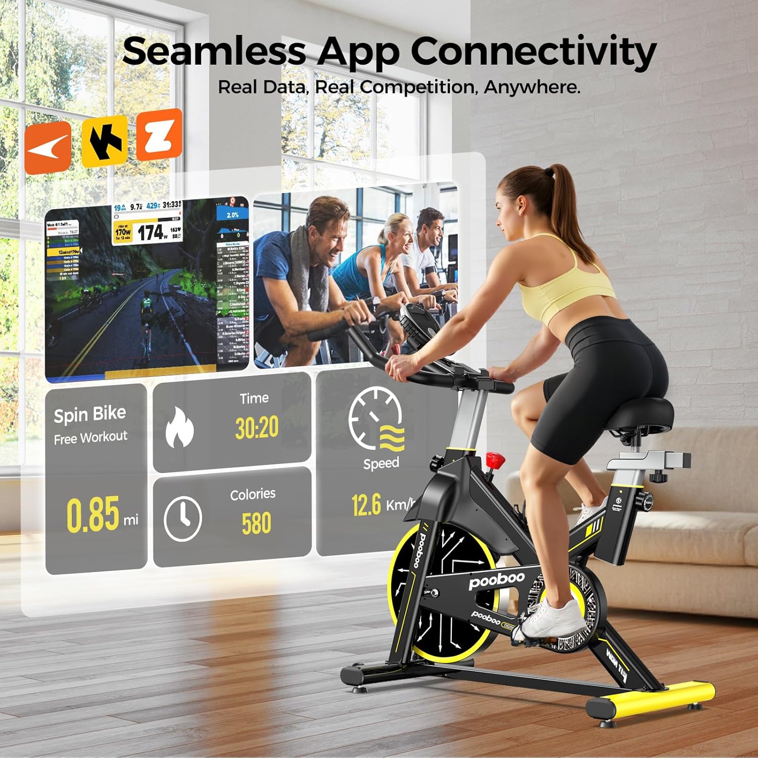 pooboo Exercise Bike,Stationary Bike with Exclusive App for Home,Magnetic Low Noise Indoor Cycling Bike with 350lbs Weight Capacity,Adjustable Seat,Tablet Mount and LCD Display for Weight Loss