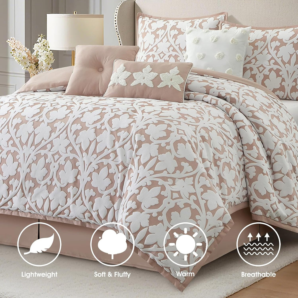 LANCO MODERN LIFESTYLE 7 Pieces Comforter Set, King, Blush, Jacquard Floral Pattern and Classy Damask Medallion Design, Ultra Soft, Includes Bed Skirt, Shams, and Decorative Pillows